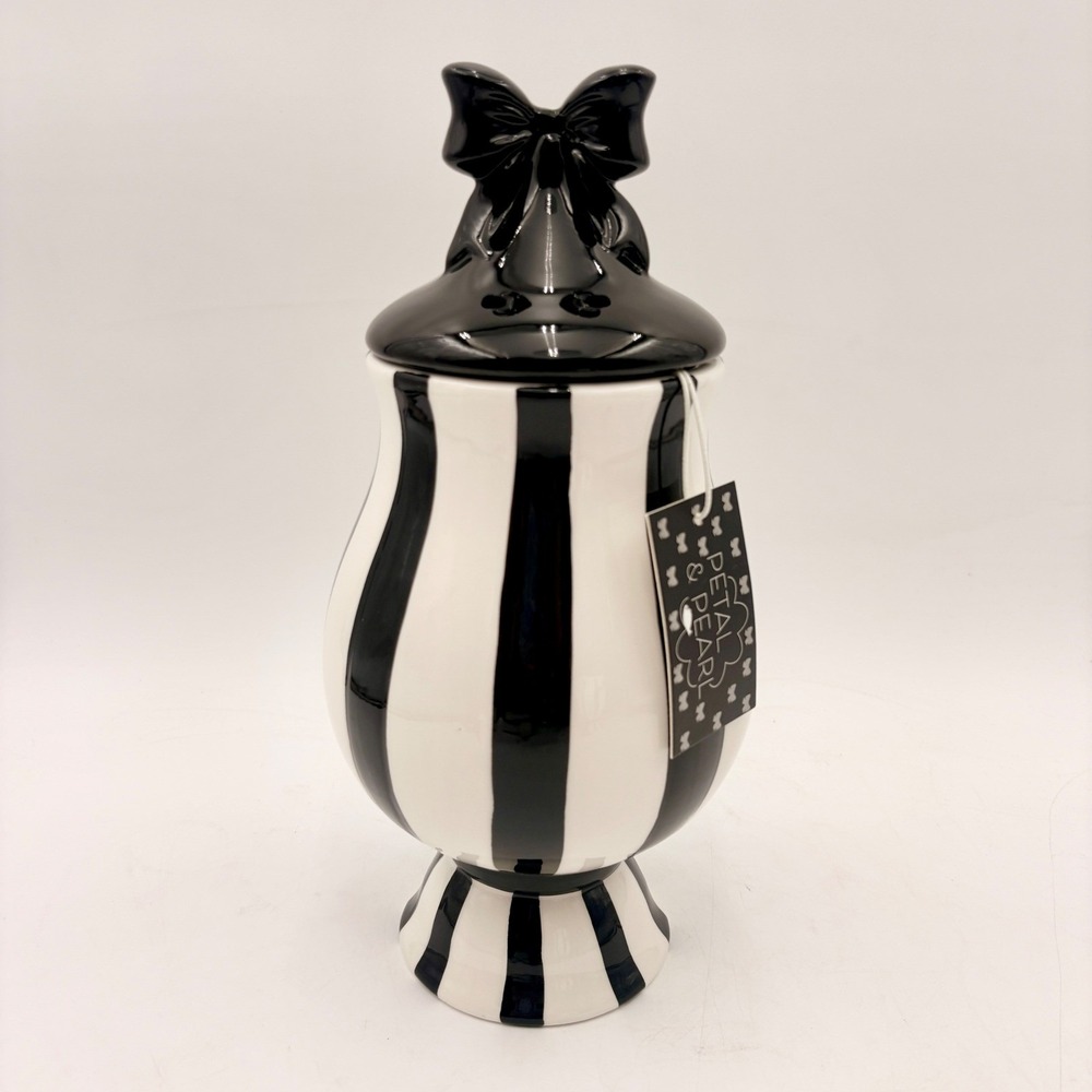 Petal & Pearl Black White Striped Ceramic Canister Bow Lid Jar  NEW